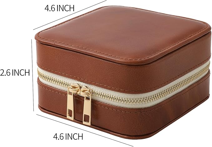 Genuine Leather Travel Jewelry Organizer Case with Mirror for Women, Small Mini Portable Jewelry Box for Ring Earrings Necklace Bracelet Luxury Gift for Women（Brown）