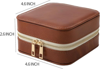 Genuine Leather Travel Jewelry Organizer Case with Mirror for Women, Small Mini Portable Jewelry Box for Ring Earrings Necklace Bracelet Luxury Gift for Women（Brown）