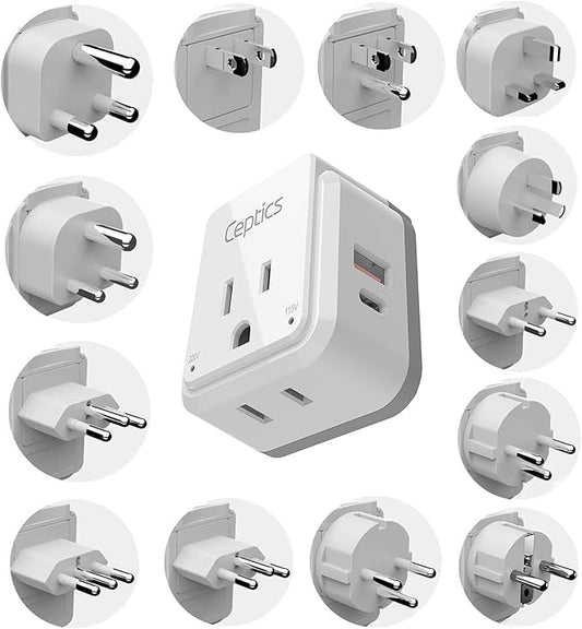 Ceptics International Power Plug Adapter Travel Set, 20W PD & QC, Safe Dual USB & USB-C 3.1A - 2 USA Outlet - Compact - Use Europe, Asia, Africa In Worldwide - Includes 13 Type SWadAPt Attachments