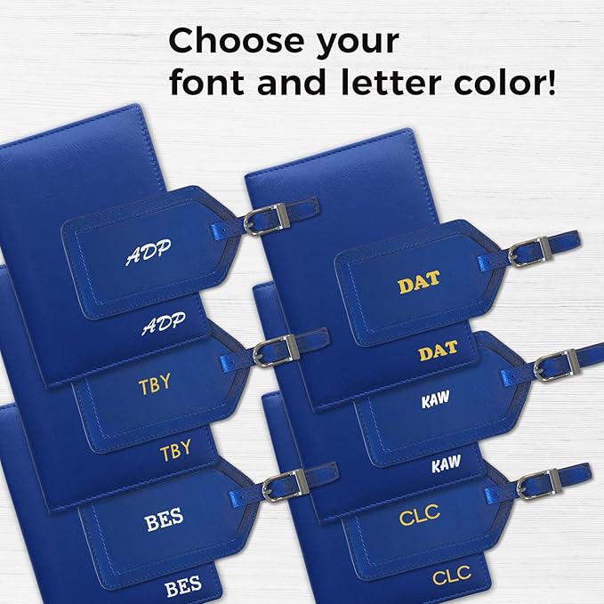 Personalized Monogrammed Cobalt Blue Leather RFID Passport Wallet and Luggage Tag
