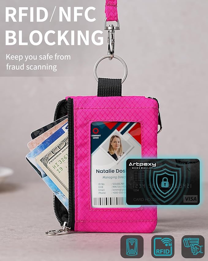 Minimalist Wallet For Mens Womens, Keychain RFID Blocking Zipper Small Wallet with ID Window 2 Lanyards,Water Resistant Travel Cash Card Coin Case Boys Girls