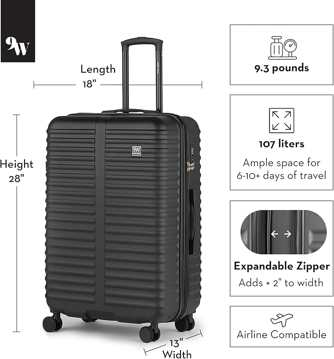 Nine West Suvi 28 Inch Hardshell Spinner, Large Expandable Checked Luggage, Extra Capacity Suitcase for Extended Travel Midnight Black