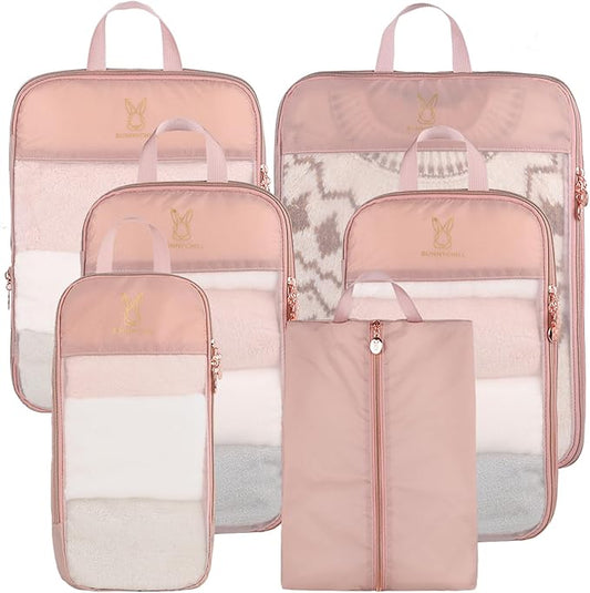 See Through Expandable Compression Packing Cubes, Mesh Travel Packing Cubes for Suitcases, Lightweight Organizers Bag Set for Travel Essentials for Luggage