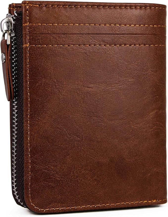 Minimalist Real Leather Wallet for Men with Zipper Card Holder and ID Window RFID Blocking Bifold Wallet (Brown)