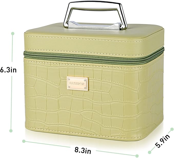 Portable leather hard cosmetic case with mirror, Green cosmetic box organizer,Professional train case make up box for women adults.