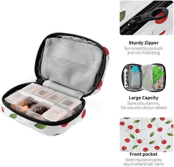Pill Organizer Box Case Weekly Travel Pill Container Cute Pill Holder 7Day Vitamin Organizer Pill Dispenser Sorter Planner Storage Small Compact Cherries24
