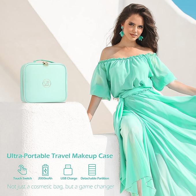 MOMIRA Travel Makeup Bag Cosmetic Bag Makeup Organizer Bag with Lighted Mirror, Adjustable Brightness in 3 Color Scenarios, Waterproof Makeup Train Case, Gift for Women - Green