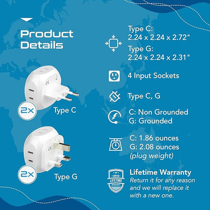 Ceptics Europe Travel Adapter Plug Set Schuko - 4 Input - Ultra Compact - Light Weight Type C, Type G - USA to Any Type C, G Countries UK, Ireland, Germany, France - 4 Pack (PT-9C-7-4PK),White