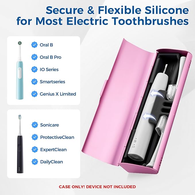 Aluminum Electric Toothbrush Travel Case, 2 in 1 Travel Toothbrush Holder for Oral B/Oral-B Pro 1000 1500 5000 7000 and Most Electric Toothbrush for Traveling, Removable Silicone Liner-Pink