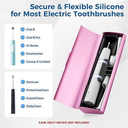 Aluminum Electric Toothbrush Travel Case, 2 in 1 Travel Toothbrush Holder for Oral B/Oral-B Pro 1000 1500 5000 7000 and Most Electric Toothbrush for Traveling, Removable Silicone Liner-Pink