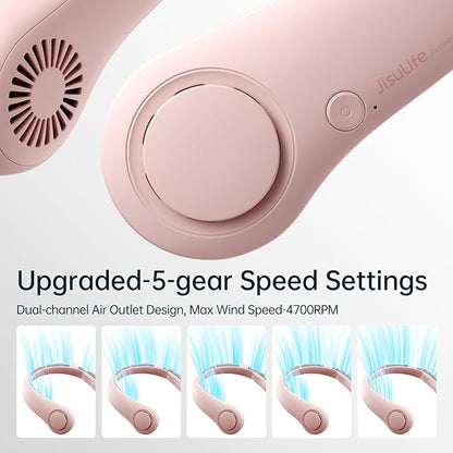 JISULIFE Portable Neck Fan, Hands-Free Bladeless, 5 Speeds, 4000 mAh Battery Operated Wearable Personal Fan, Twistable, Rechargeable, Gift for Women Men-Pink