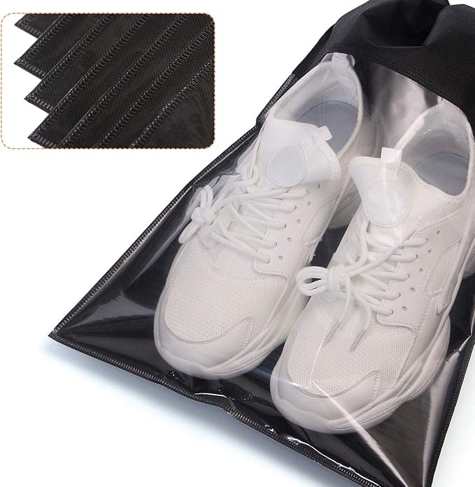 24 Pack Portable Shoe Bags for Travel Large Shoes Pouch Storage Organizer Clear Window with Drawstring for Men and Women Black