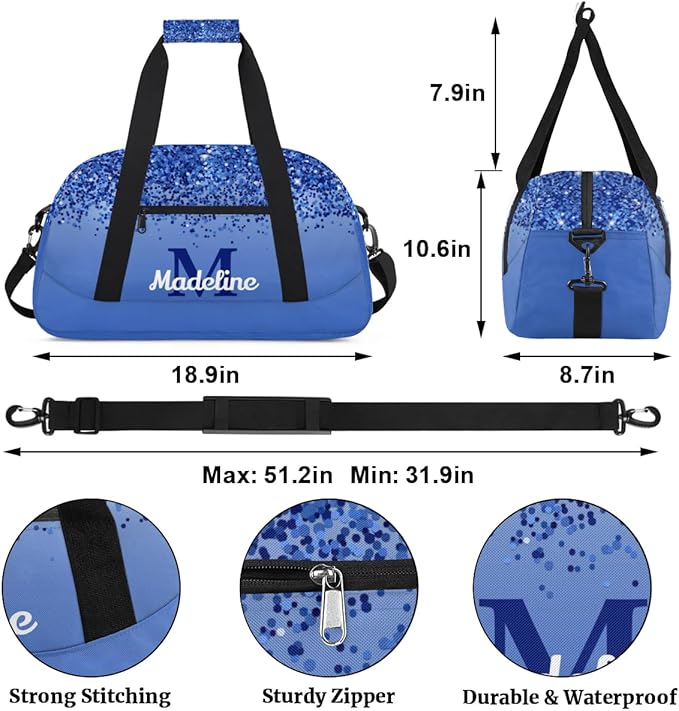 Personalized Kids Sports Duffel Bag with Name Custom Weekender Overnight Bag for Boys Girls Gym Bag Travel Dance Gymnastics Duffel Bag, Blue Glitter