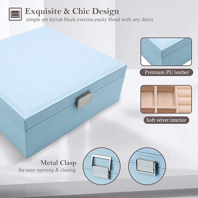 ProCase Jewelry Box for Women, 2 Layers Large Leather Jewelry Organizer Storage Case with Removable Pad for Earrings -Blue