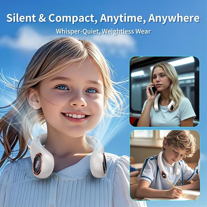 Portable Neck Fan with 6000mAh USB - Rechargeable Battery, Ultra-Light Bladeless Neck Fan LED Display, 360° Cooling Wearable Fan, 3 Speeds (White)