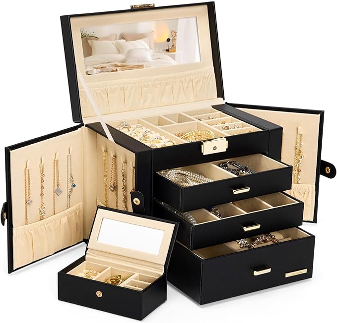 Homde 2 IN 1 Jewelry Box for Women Girls with Small Travel Case Mirror Necklace Ring Earrings Organizer - Christmas Gifts (Black + Gold)