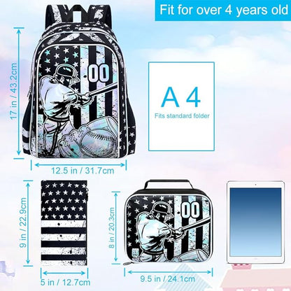 WZLVO 3PCS Boys Baseball Backpack Set, 17" Cool UV Printing Kids Bookbag/School Bag with Lunch Box & Pencil Bag for Elementary to Middle - Star-Spangled Baseball