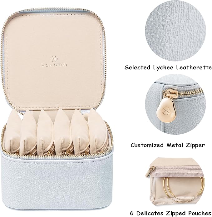 Vlando Travel Jewelry Box Organizer - 6 Small Velvet Zipped Pouches Pockets for Jewelries Necklaces Rings Earrings Sorting Storage, Baby Blue