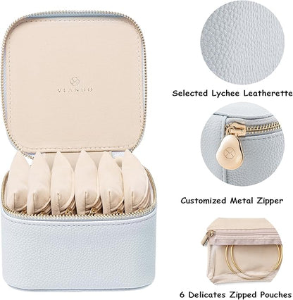 Vlando Travel Jewelry Box Organizer - 6 Small Velvet Zipped Pouches Pockets for Jewelries Necklaces Rings Earrings Sorting Storage, Baby Blue