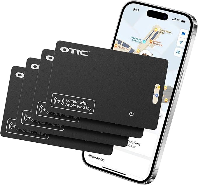 OTIC Wallet Tracker Card, Ultra-Thin 1.7MM Rechargeable Finder, Works with Apple Find My (iOS Only), Item Locator for Luggage Tags, Passports, Phone, IP67 Waterproof, (4-Pack)