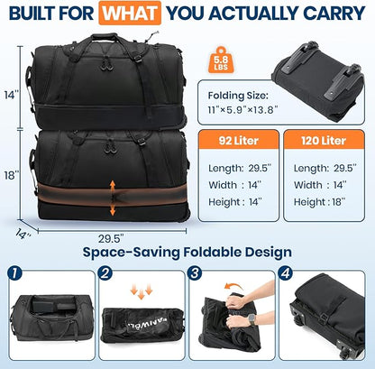 Fanwoli 92L 120L Large Rolling Duffle Bag with Shoes Compartment, 30’’ Expandable & Foldable Heavy Duty Water Resistant Travel Backpack, Convertible Foldable Duffel for Gym Camping Weekender