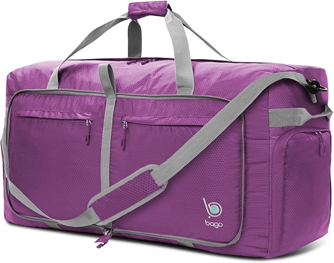 Bago Large Foldable Duffel Bags for Traveling Women & Men - 100L Packable Duffle Bag for Travel with Shoe Compartment - Water Repellant, Heavy Duty, Lightweight Folding & Collapsible (Purple)