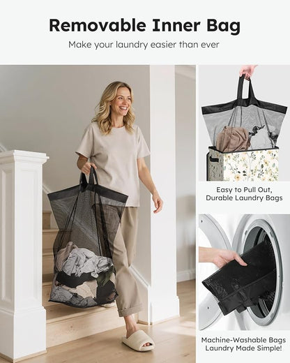 SOLEDI Laundry Hamper with Lid, 90L Tall & Large Floral Laundry Basket, Collapsible Clothes Hamper with Removable Bag, Dirty Hampers for Bedroom, Bathroom, Laundry Room