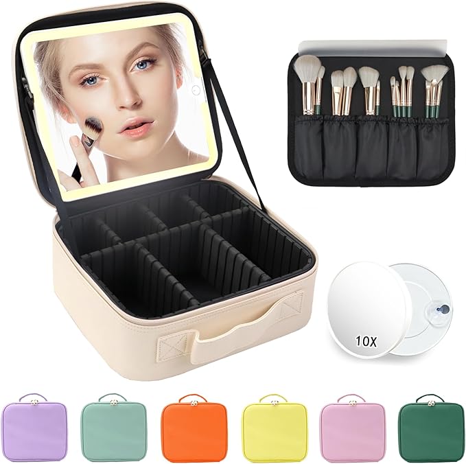 Travel Makeup Bag for Makeup Artists Large Makeup Case,with Mirror 3 Color Setting and Detachable 10x Magnifying Mirror Travel Makeup Bag,Portable Storage and Adjustable Dividers（white）