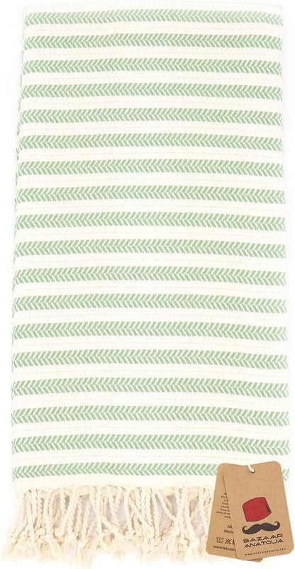 Bazaar Anatolia Turkish Beach Towel – 100% Cotton, Quick Dry, Sand Free Striped Towel for Bathroom and Travel, Sage Olive Color – Oversized 71x39 Inches – Arpa Green