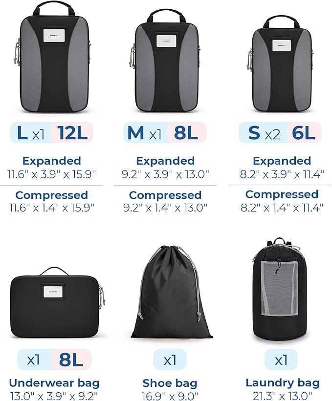 BAGSMART Compression Packing Cubes, 6 PCS Packing Cubes for Suitcases, Travel Bags Organizer for Luggage, Lightweight Packing Cube for Travel Essentials