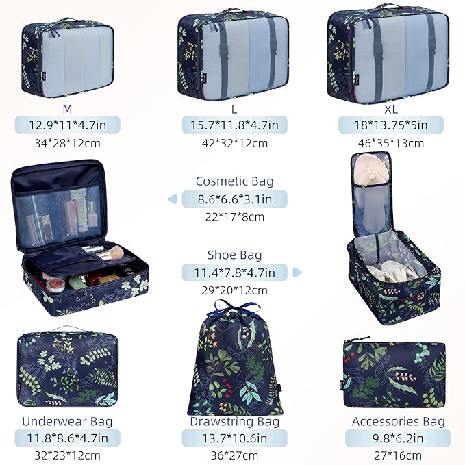 BAGAIL 8 Set Packing Cubes Luggage Packing Organizer Bags for Travel Accessories-Navy Leaf