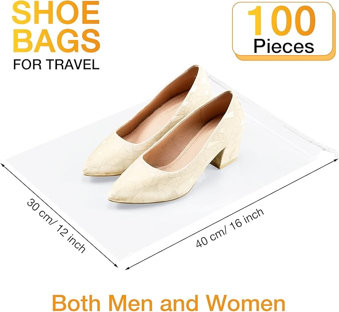 Thenshop 100 Pieces Plastic Shoe Bags for Travel Large Clear Drawstring Bags 12 x 16 Inch Travel Shoe Organizers Thick Waterproof Storage Portable Pouch with Rope for Slipper Men Women