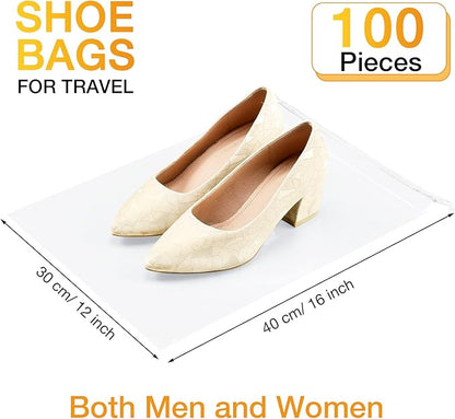 Thenshop 100 Pieces Plastic Shoe Bags for Travel Large Clear Drawstring Bags 12 x 16 Inch Travel Shoe Organizers Thick Waterproof Storage Portable Pouch with Rope for Slipper Men Women