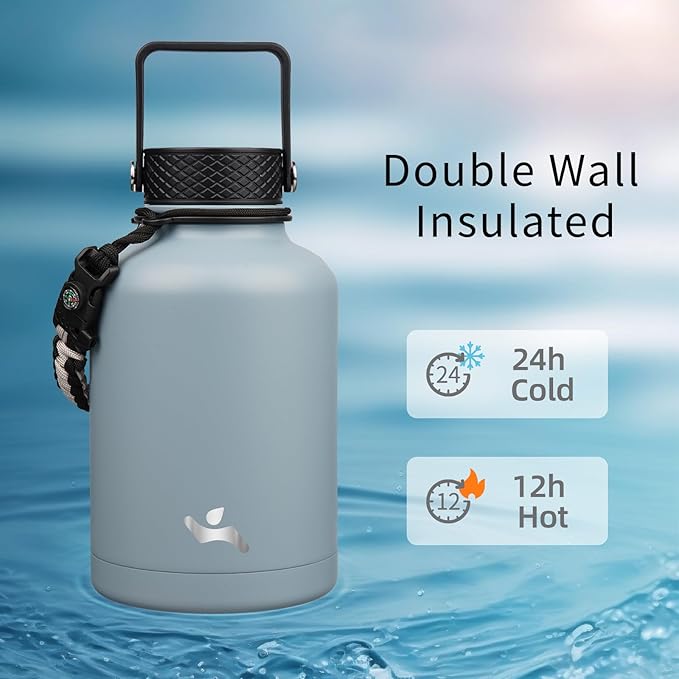 Insulated Water Bottle with Straw,50 oz 3 Lids Water Jug with Carrying Bag,Paracord Handle,Double Wall Vacuum Stainless Steel Metal Flask,Storm Blue