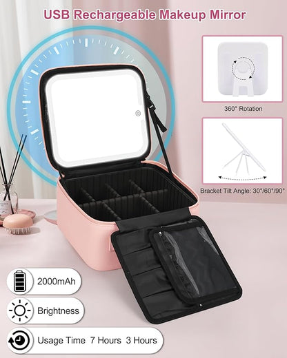 Relavel Initial Makeup Bag with LED Mirror for Women Girls, Personalized Travel Cosmetic Organizer Train Case, Birthday Gifts for Grandkids Bridesmaid Graduation Teacher Friends, Trendy Stuff, Pink E