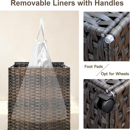 88L Slim Laundry Hamper with Wheels, 23.3 Gallon Rolling Laundry Basket with Lid, Tall and Narrow Laundry Hamper with 2 Removable Liner & 3 Mesh Bags, Laundry Sorter for Bathroom, Brown