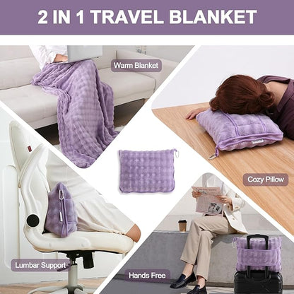 SOCHOW Travel Blanket for Airplane Train and Car, Soft Travel Blanket or Pillow 2 in 1 Compact with Portable Bag Pillowcase, Flight Blanket with Luggage Sleeve and Backpack Clip, Dusty Purple