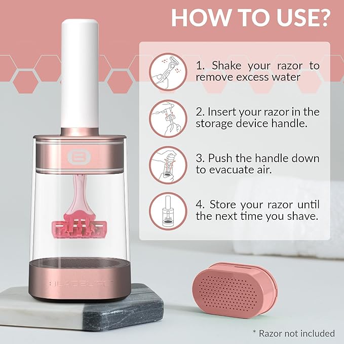 BLADELIFE Razor Storage Device for Women & Men Rose Gold - Fits All Leading Razors - Doubles The Life of Your Blade - Razor Travel Case 2024 New Model