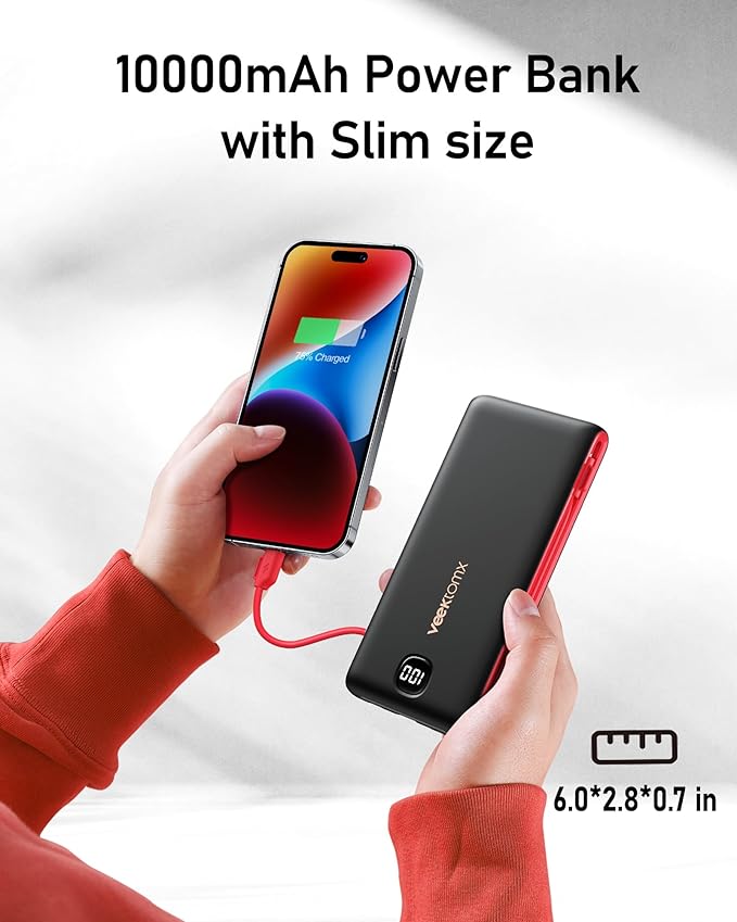VEEKTOMX Portable Charger with Built in Cables 10000mAh, Power Bank for iPhone with AC Wall Plug, Fast Charging USB C Slim Battery Pack with LED Display Compatible with iPhone 17/16/15/14, Samsung
