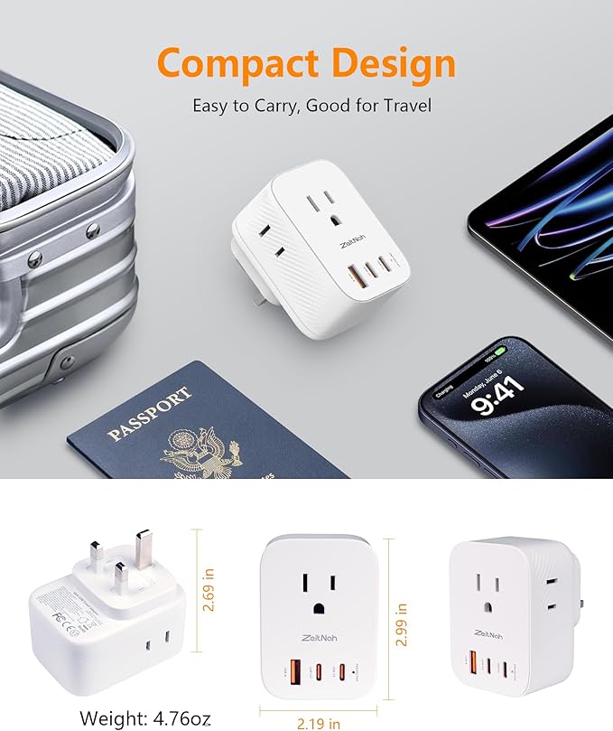 UK Travel Plug Adapter (2 Pack), Type G Plug Adapter with 30W GaN Fast Charger, 3 AC Outlets, 2 USB-C & 1 USB-A Ports, Surge Protection, Power Adapter for UK, Ireland, Singapore, Hong Kong & More