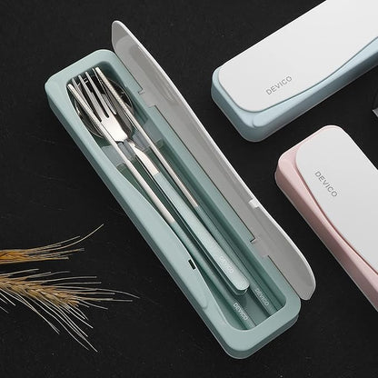DEVICO Travel Utensils, 18/8 Stainless Steel 4pcs Cutlery Set Portable Camp Reusable Flatware Silverware, Include Fork Spoon Chopsticks with Case (Light Green)