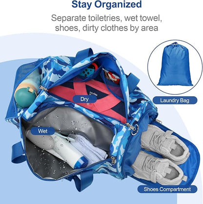 Bagseri Travel Duffle Bag Boys - Waterproof Kids Gym Sports Bag for Overnight Sleepover Bag with Shoe Compartment and Dry Wet Separation Pockets (Blue Camo)