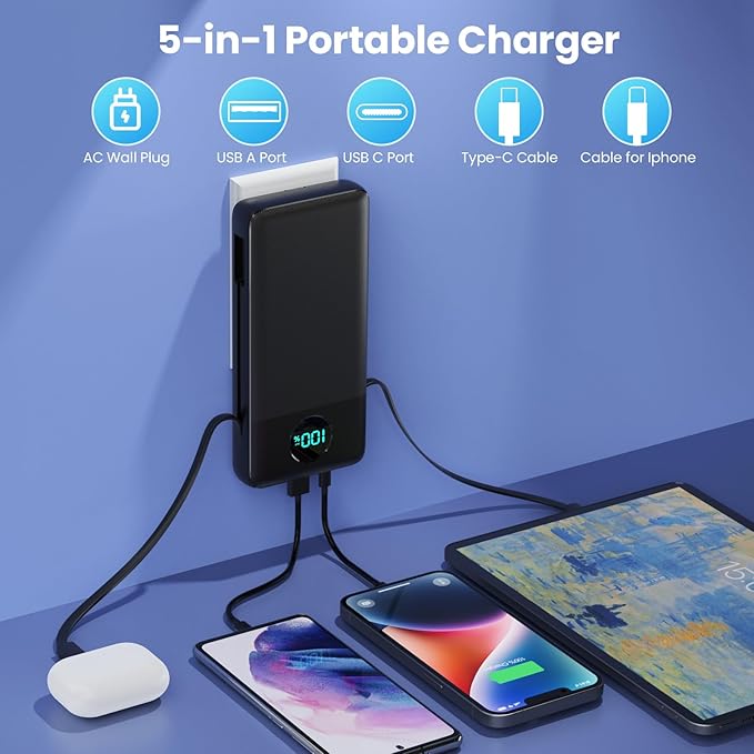 Portable Charger 33800mAh USB C Power Bank with Built-in Cables & AC Wall Plug,25W Fast Charging+QC 4.0 Phone Charger,4 Output Travel Essentials Battery Pack for iPhone16/15/14/13,Samsung,Android etc
