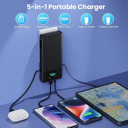 Portable Charger 33800mAh USB C Power Bank with Built-in Cables & AC Wall Plug,25W Fast Charging+QC 4.0 Phone Charger,4 Output Travel Essentials Battery Pack for iPhone16/15/14/13,Samsung,Android etc