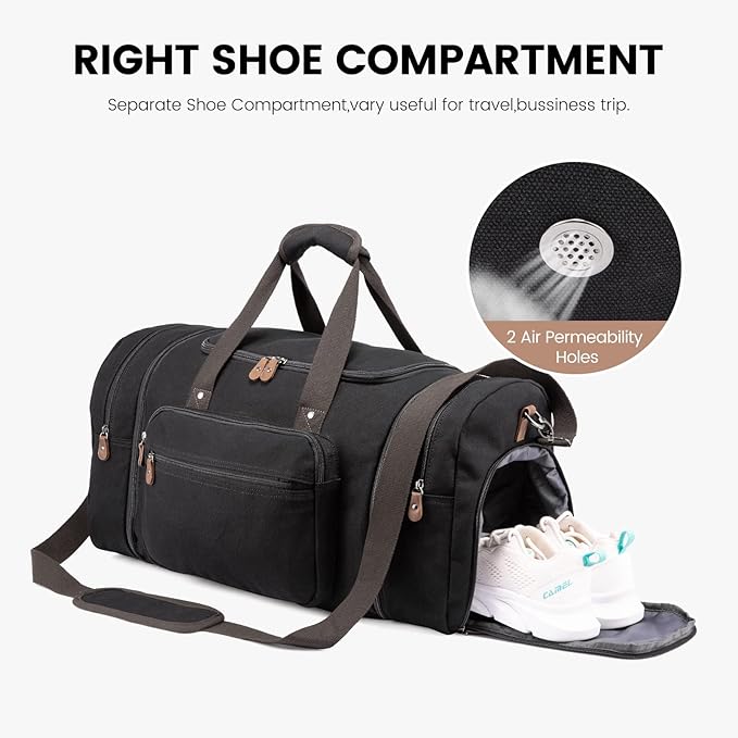 Sucipi Canvas Travel Duffel Bag for Men, Weekend Overnight Bag with Shoe Compartment and Toiletry Bag, Carry-On for Airplanes, Black