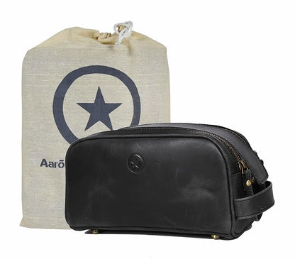 10" Premium Leather Toiletry Travel Pouch With Waterproof Lining Black Color | King-Size Handcrafted Vintage Shaving Kit By Aaron Leather Goods (Florida Black)