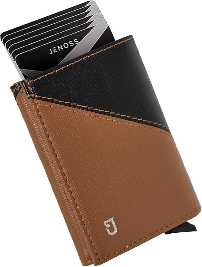 Jenoss Smart Wallet For Men: Full Grain Leather, Handcrafted, Slide Metal Pop Up Case, Slim RFID Blocking Credit Card Holder, Compact 12 Cards Slot Organizers, ID, Money Clip(Brown & Black)