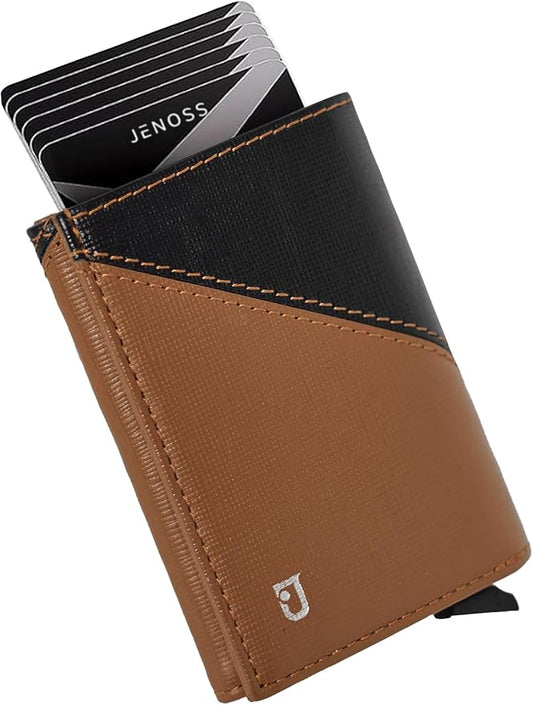 Jenoss Smart Wallet For Men: Full Grain Leather, Handcrafted, Slide Metal Pop Up Case, Slim RFID Blocking Credit Card Holder, Compact 12 Cards Slot Organizers, ID, Money Clip(Brown & Black)