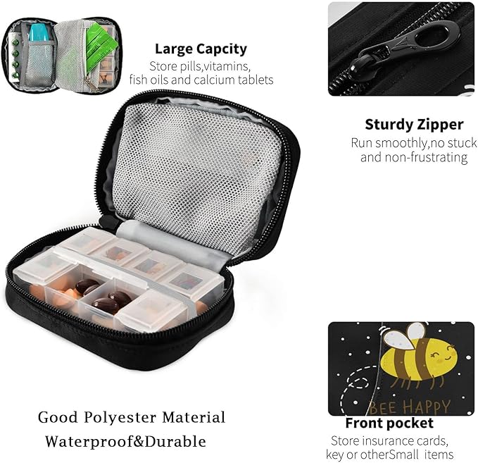 Fustylead Bee Happy Pill Organizer Case Zipper for Purse with Removable Weekly Pill Box for Medicine, Vitamin, Supplement Medicine Organizer