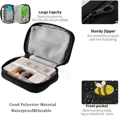 Fustylead Bee Happy Pill Organizer Case Zipper for Purse with Removable Weekly Pill Box for Medicine, Vitamin, Supplement Medicine Organizer